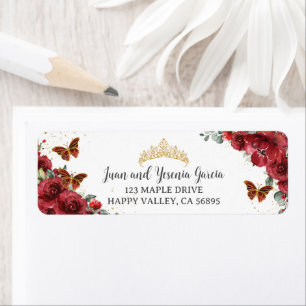Red Floral Gold Quinceanera XV 15 Return Address Label