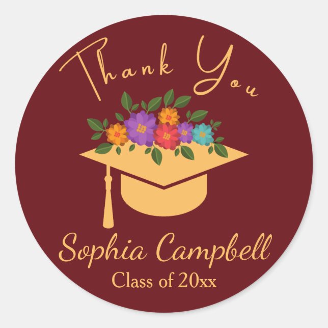 Red Floral Graduation Classic Round Sticker (Front)