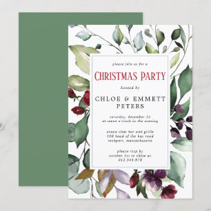 Red Floral Green Leaves Christmas Party Invitation