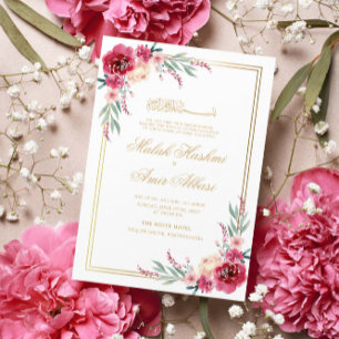 Red Floral Green Leaves Gold Frame Muslim Wedding Invitation