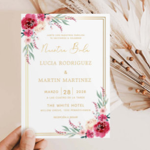 Red Floral Green Leaves Gold Frame Nuestra Boda Invitation