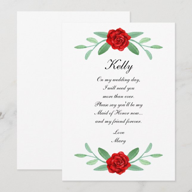 Red Floral Greenery Foliage Maid Of Honour Card (Front/Back)