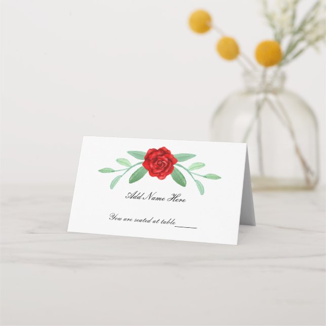 Red Floral Greenery Foliage Table Place Card (Front)