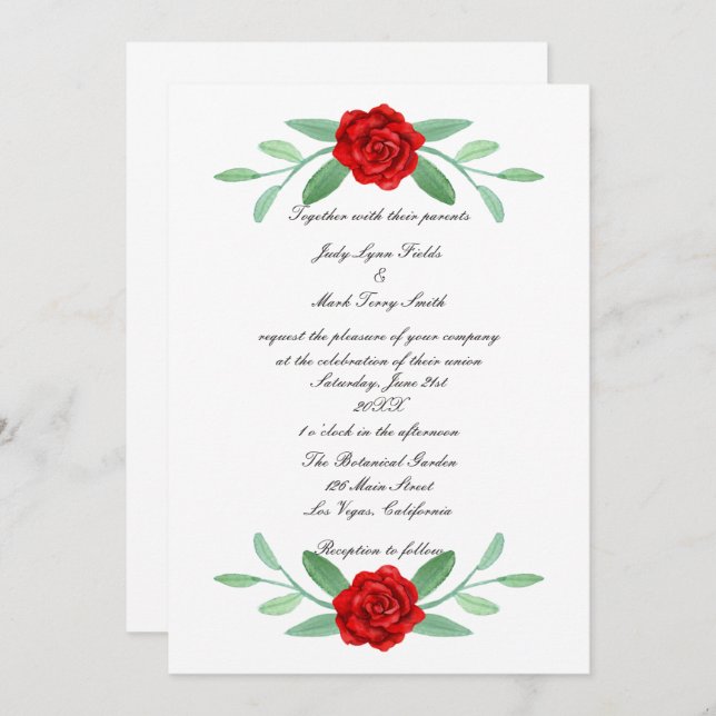 Red Floral Greenery Foliage Wedding Invitation (Front/Back)