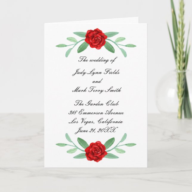 Red Floral Greenery Foliage Wedding Program Card (Front)