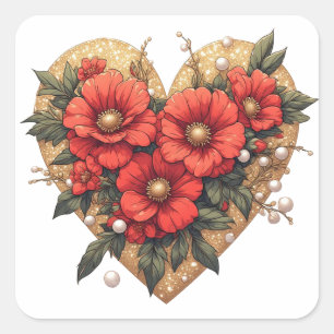 💎 Red Floral Heart Accent For Wedding Stationery Square Sticker
