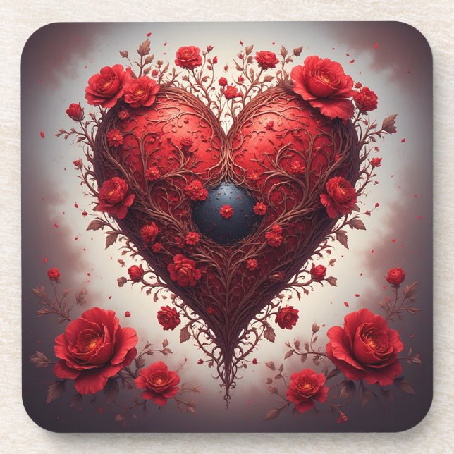 Red Floral Heart Design With Blooming Flowers Coaster (Front)