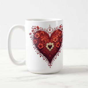 Red Floral Heart Design With Blooming Flowers Coffee Mug