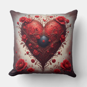 Red Floral Heart Design With Blooming Flowers Cushion