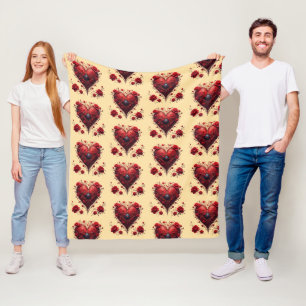 Red Floral Heart Design With Blooming Flowers Fleece Blanket