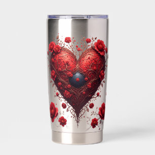 Red Floral Heart Design With Blooming Flowers Insulated Tumbler