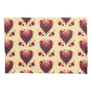 Red Floral Heart Design With Blooming Flowers Pillowcase