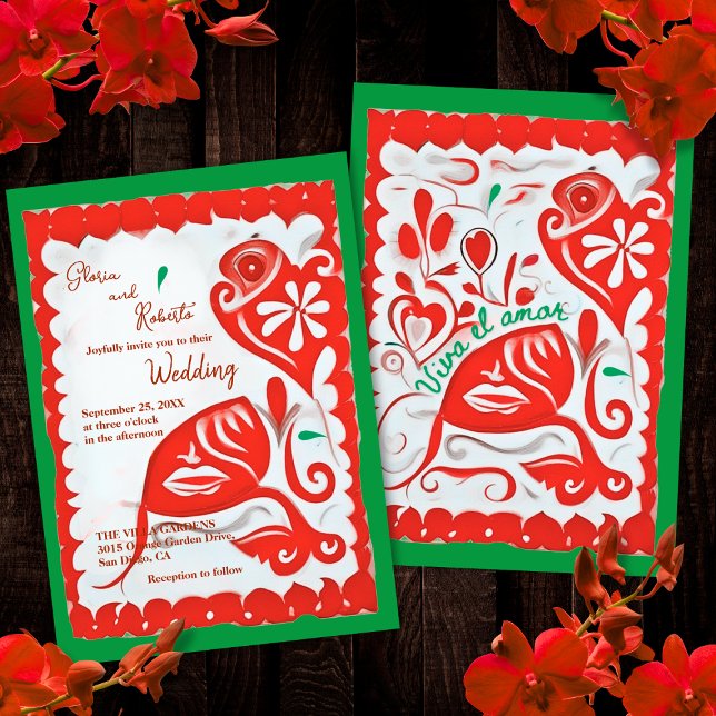 Red Floral Heart Papel Picado Mexican Wedding  Invitation (Creator Uploaded)