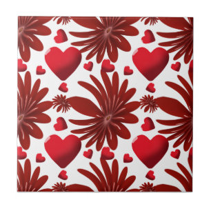Red Floral Heart Pattern Aesthetic Romantic Flower Ceramic Tile