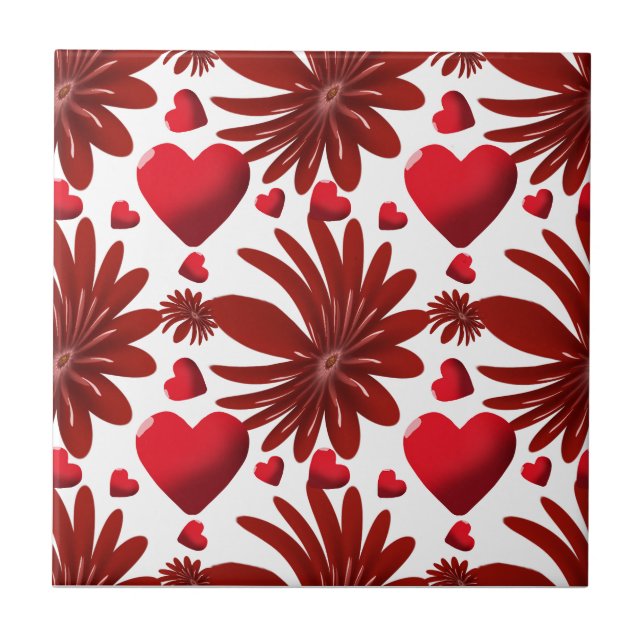 Red Floral Heart Pattern Aesthetic Romantic Flower Ceramic Tile (Front)
