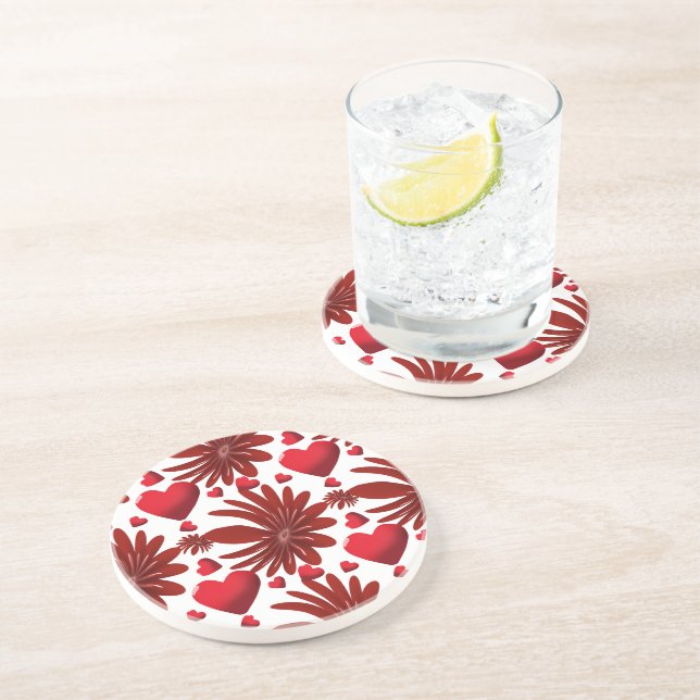 Red Floral Heart Pattern Aesthetic Romantic Flower Coaster (Side)