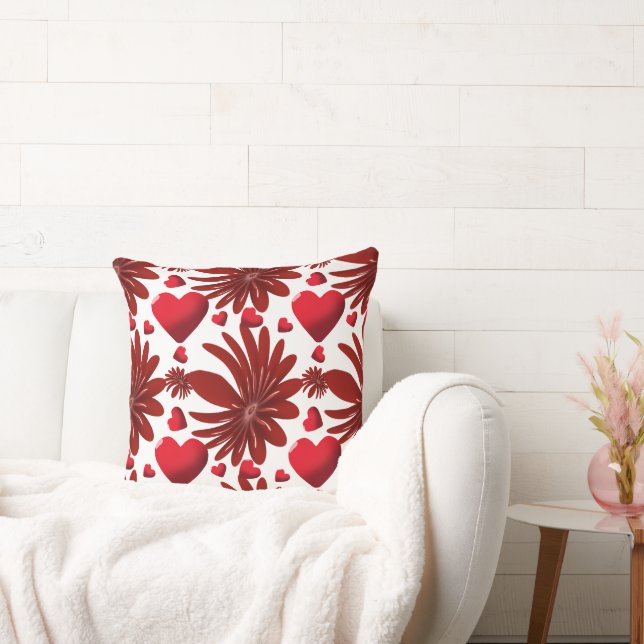 Red Floral Heart Pattern Aesthetic Romantic Flower Cushion (Couch)