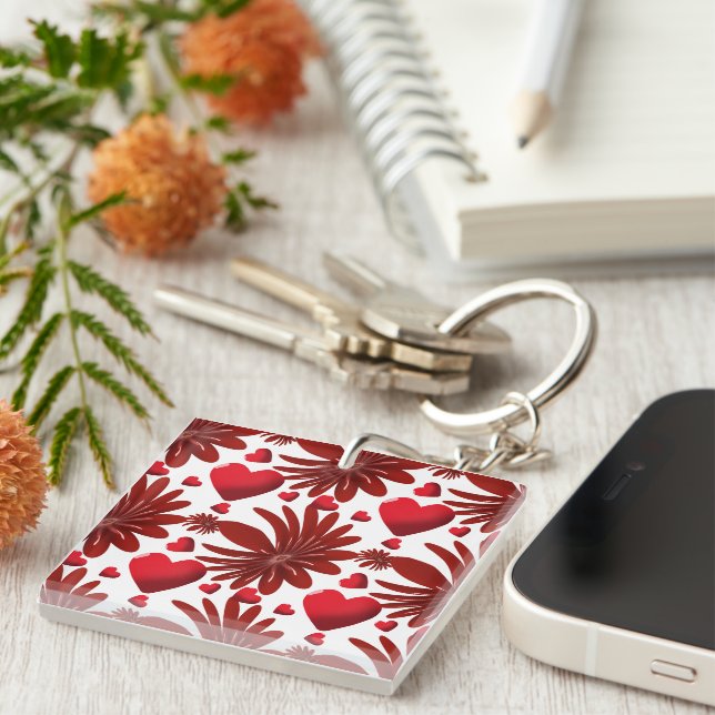 Red Floral Heart Pattern Aesthetic Romantic Flower Key Ring (Front Right)