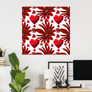 Red Floral Heart Pattern Aesthetic Romantic Flower Poster