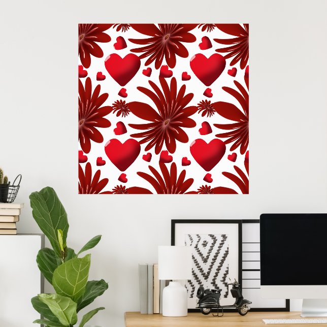 Red Floral Heart Pattern Aesthetic Romantic Flower Poster (Home Office)