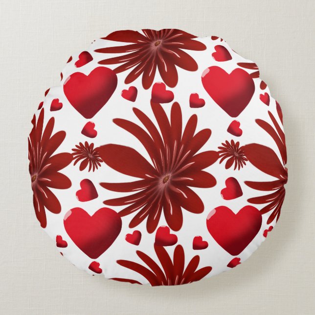 Red Floral Heart Pattern Aesthetic Romantic Flower Round Cushion (Front)