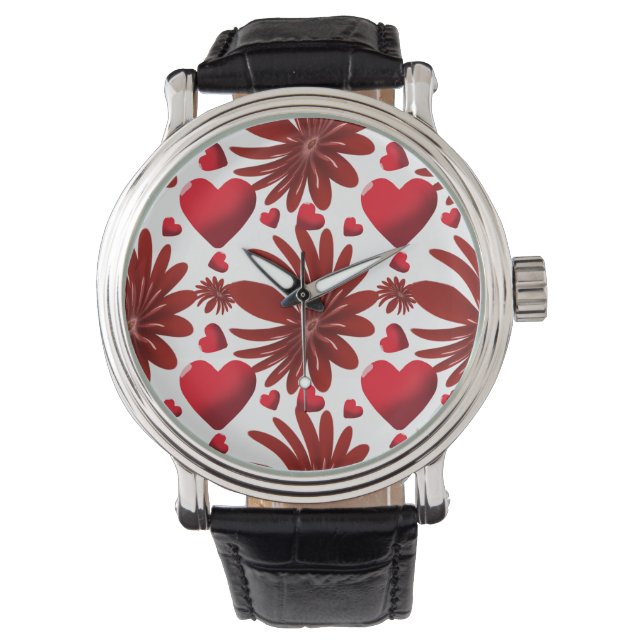 Red Floral Heart Pattern Aesthetic Romantic Flower Watch (Front)