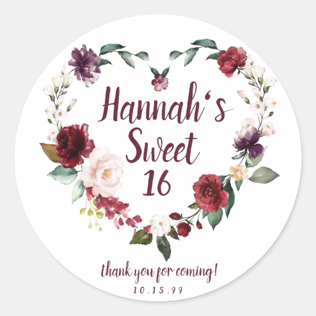 Red Floral Heart Sweet 16 Party Thank You Classic Round Sticker (Front)