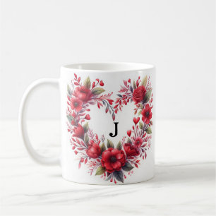 Red Floral Heart Watercolor Elegant Coffee Mug