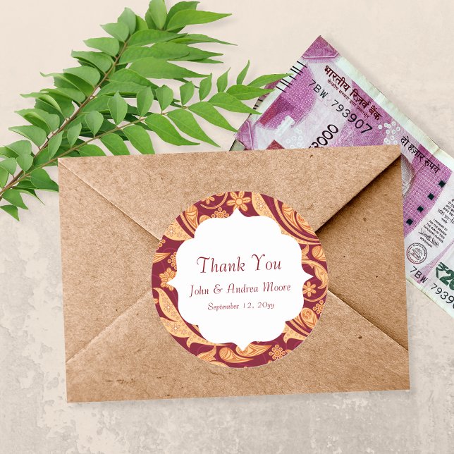 Red Floral Henna Wedding Favour Classic Round Sticker (Creator Uploaded)
