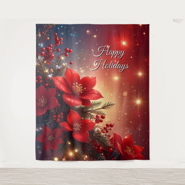 Red Floral Holiday Backdrop Tapestry (Front)