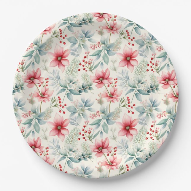 Red Floral Holiday Paper Plate (Front)