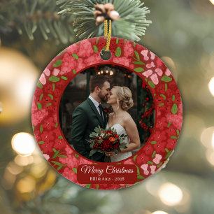 Red Floral Holiday Personalised Photo  Ceramic Ornament