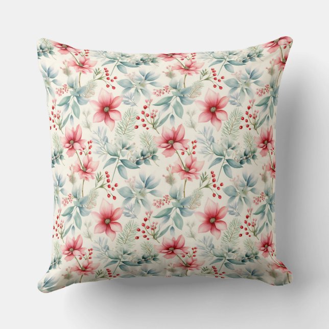 Red Floral Holiday Throw Pillow (Back)