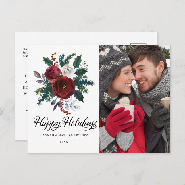 Red Floral Holly Photo Christmas Holiday Postcard (Front/Back)