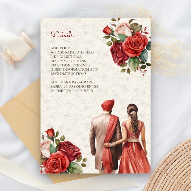 Red Floral Indian Punjabi Sikh Wedding Details Enclosure Card (Creator Uploaded)