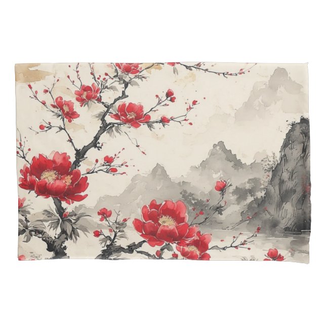 Red Floral Japanese Landscape  Pillowcase (Front-Left)