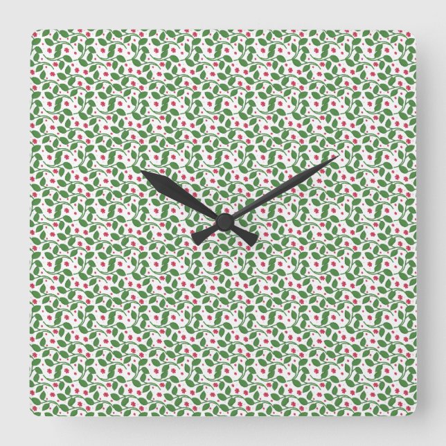 Red Floral Leaf Pattern, Dark Botanical Seamless  Square Wall Clock (Front)