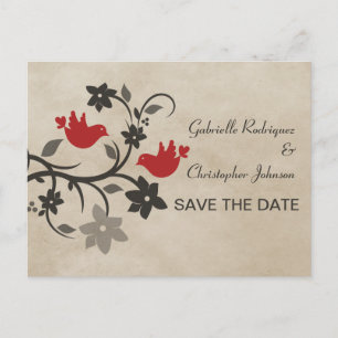 Red Floral Lovebirds Save the Date Postcard