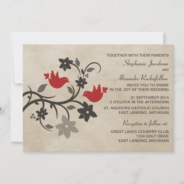 Red Floral Lovebirds Wedding Invitation (Front)