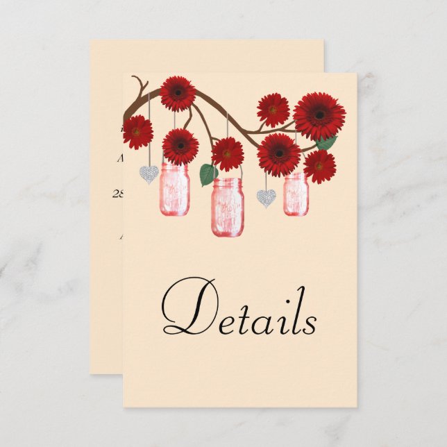 Red Floral Mason Jars Wedding Details Enclosure Card (Front/Back)