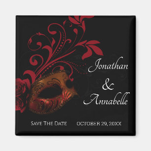 Red Floral Masquerade Save The Date Magnet