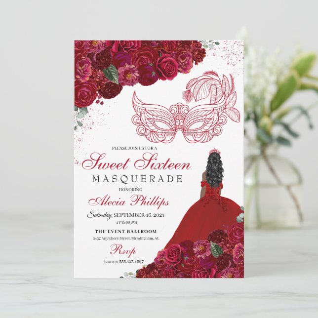Red Floral Masquerade Sweet 16 Invitation (Standing Front)