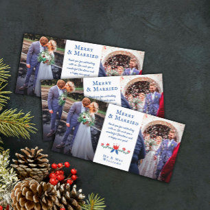 Red Floral Merry Married Wedding Photos Thank You Card