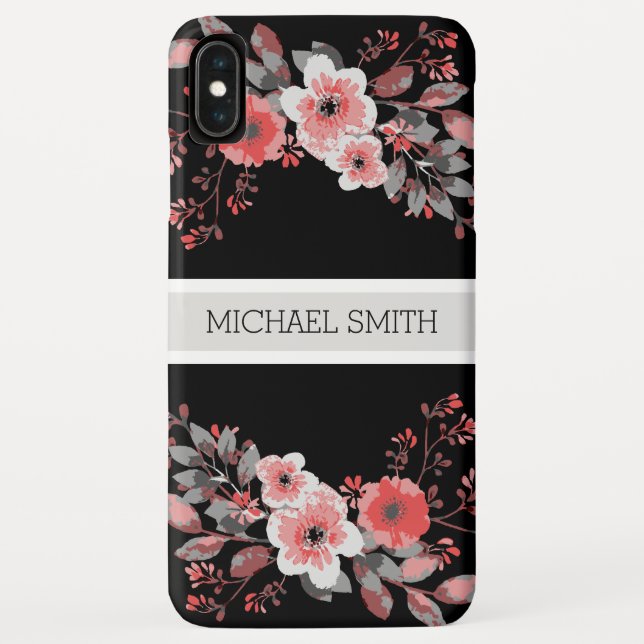 Red Floral Modern Black Elegant Name Case-Mate iPhone Case (Back)