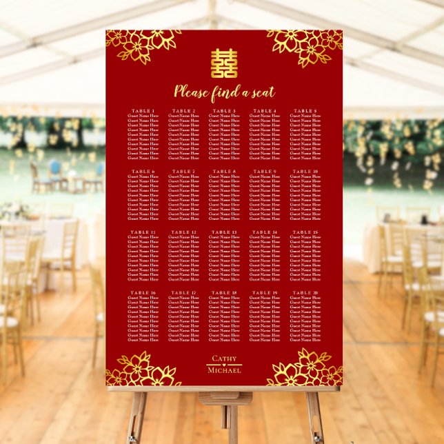 Red floral modern Chinese wedding seating chart (Creator Uploaded)