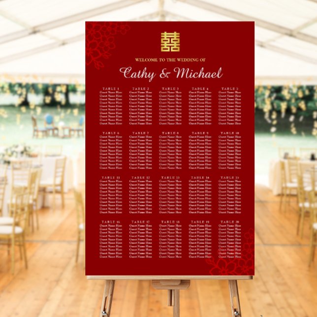 Red floral modern Chinese wedding seating chart (Creator Uploaded)