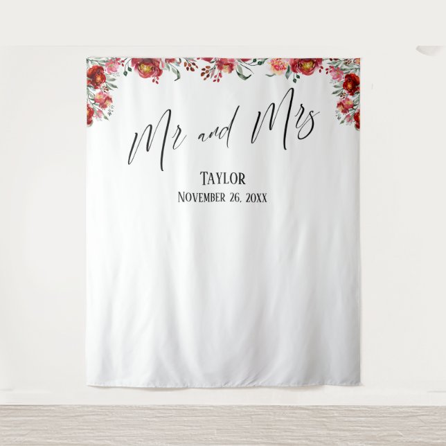 Red Floral Mr and Mrs Photo Backdrop Tapestry (Front)