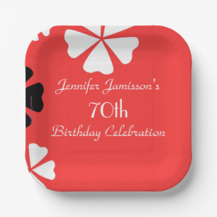 Red Floral, Name 70th Birthday Party Simple Square Paper Plate
