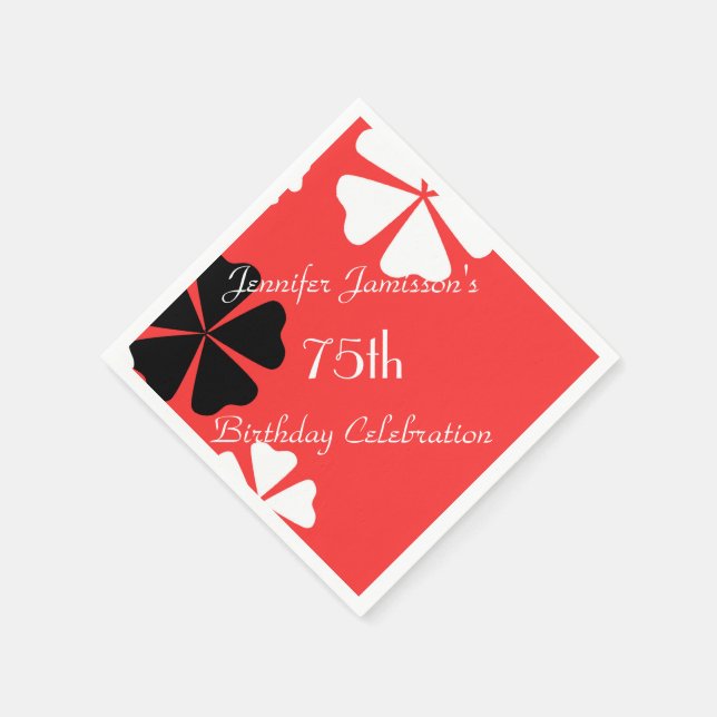 Red Floral, Name, 75th Birthday Party Paper Napkin (Corner)