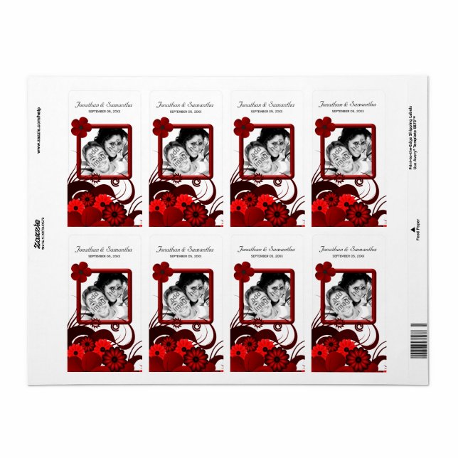 Red Floral on White Wedding Photo Favour Wine Labe (Full Sheet)